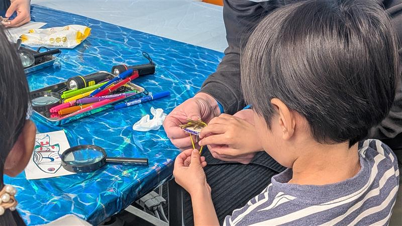 サンゴの苗づくりでサンゴを土台につける作業をする子どもの様子